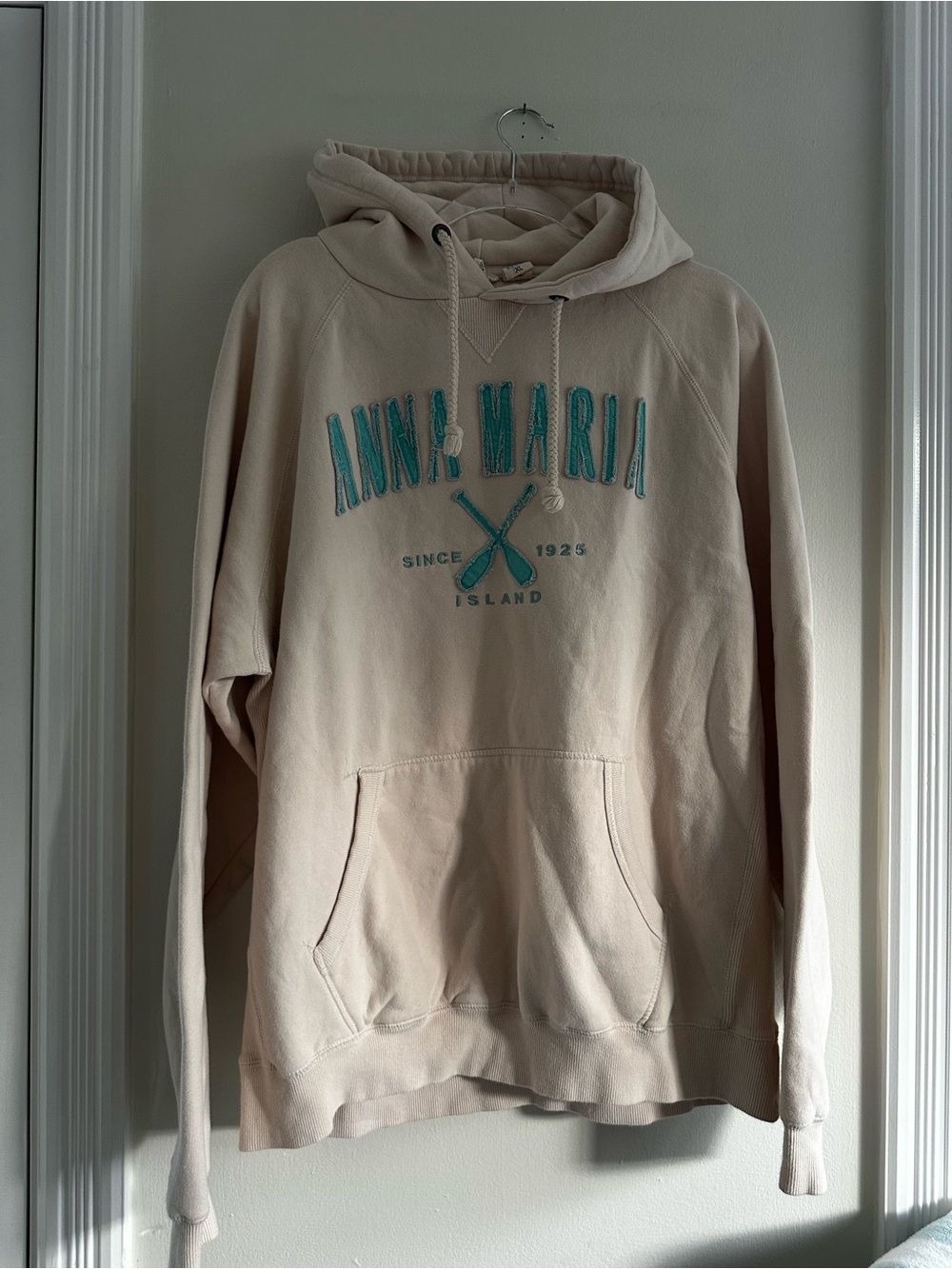 Blue 84 Beige Hoodie with Teal Embroidery